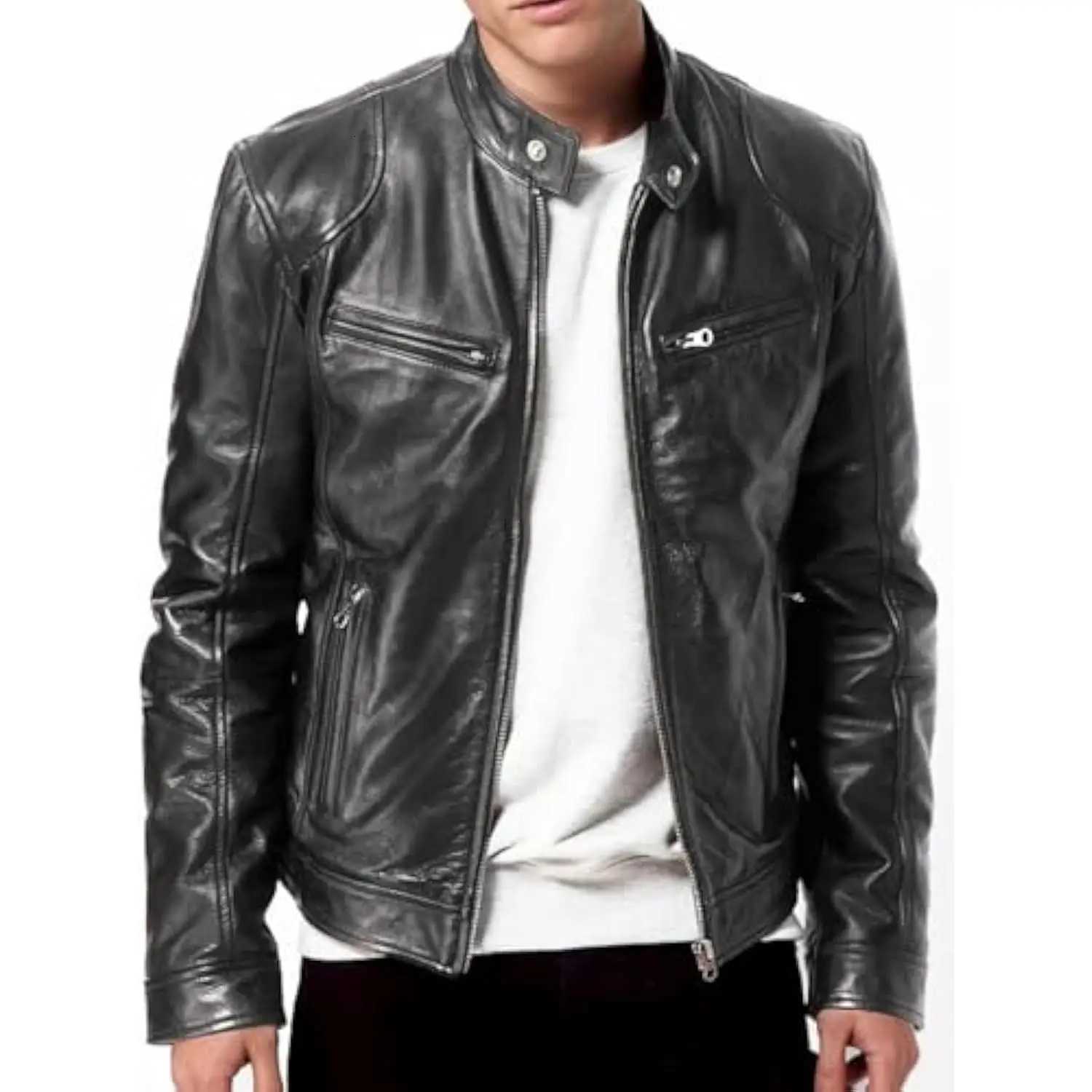 Mens Retro True Brown Motorcycle Jacket New High Quality Mens Casual Coat Mens Black Genuine Lambskin Leather Biker Jacket X250822