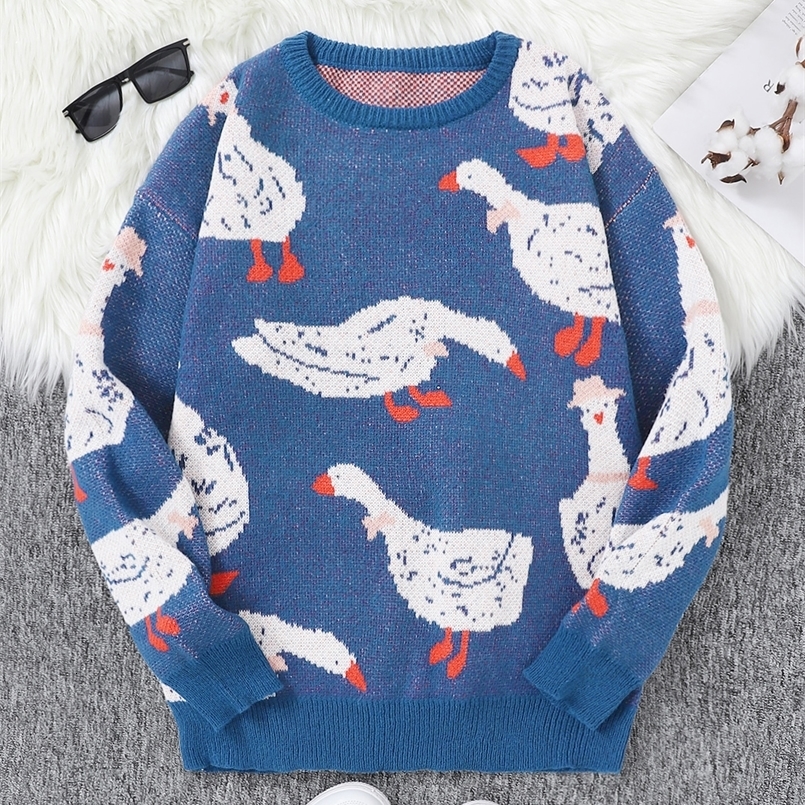 Autumn Winter Cute Duck Jacquard Pattern Pullover Sweater Casual Round Neck Contrast Color Knitted Mens Pullover250821