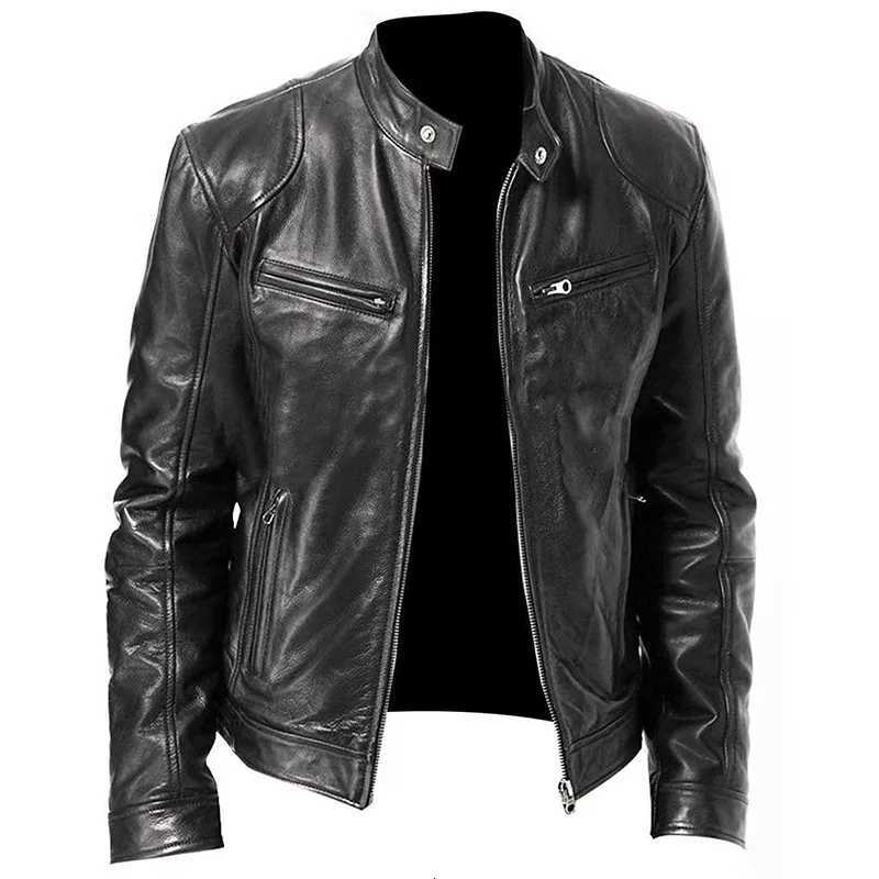 Mens European Black Leather Punk Business Sports Jacket Standing Collar Punk Coat Motorcycle Large Autumn Winter X250822