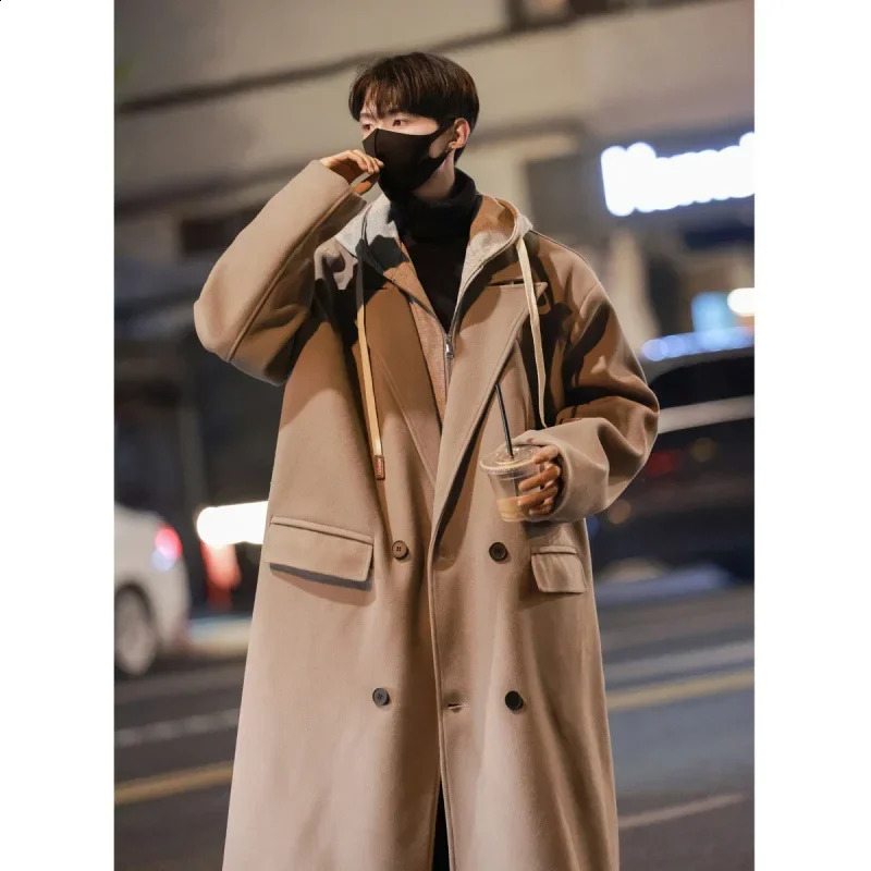 Fashion Korean Style Two Pieces Mens Long Coat Turndown Collar Double Breasted Contract Color Male Trench Winter Overcoat 250819