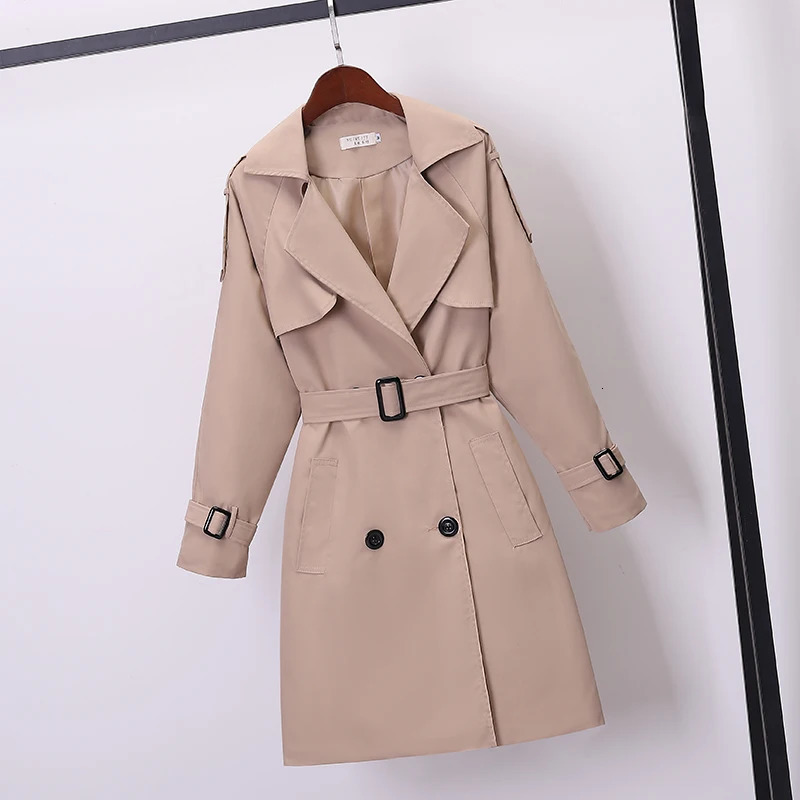 Khaki Doublebreasted Womens Windbreaker SpringSummer Korean Slim Turn down collar Ladies Outwear Plus Size Casual Trench Coat 250822