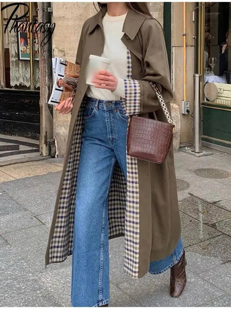 Phantasy Women Trench Plaid Lining with Pocket Wind Coats Long Sleeved Coat Autumn chic High Street Overcoat 250822