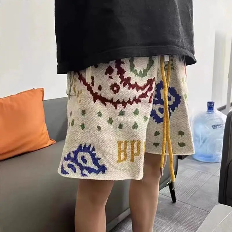Cashew Flower Knitted Shorts Men Women Drawstring Loose Five Quarter Pant Summer American Vintage High Street Casual 250822