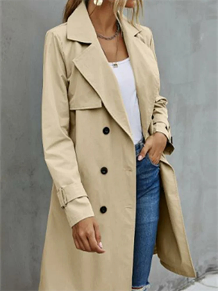 Women Fashion Long Trench Coats Solid Color Doublebreasted Belted Windbreaker Fall Jackets Outerwear 250822