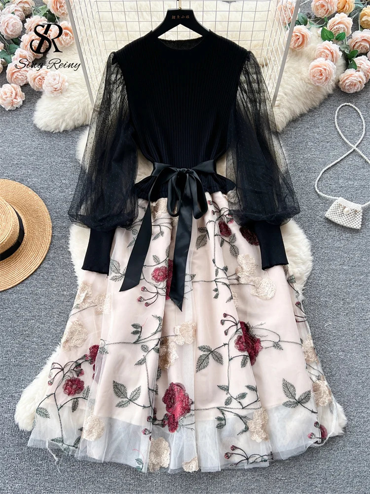 SINGREINY Senior Knitted Patchwork Dress Long Lantern Sleeves Bow Mesh Embroidery Floral Women Autumn France Elegant Party Dress 250822