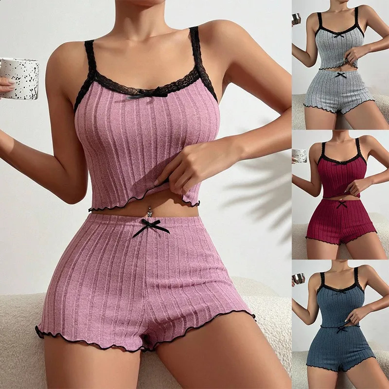 Summer des femmes en tricot côtelé Pyjama ensemble en dentelle Trim Cami Cami Crop top Laituce Hem Shorts Loungewear Sleepwear Cute Soft 2 Piece2