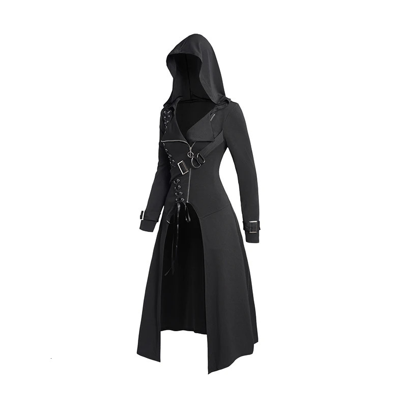 Dressfo Womens Coats Punk Gothic Hooded Coat Plain Color Lace Up Zip Black Tops Trench Gabardina 250822