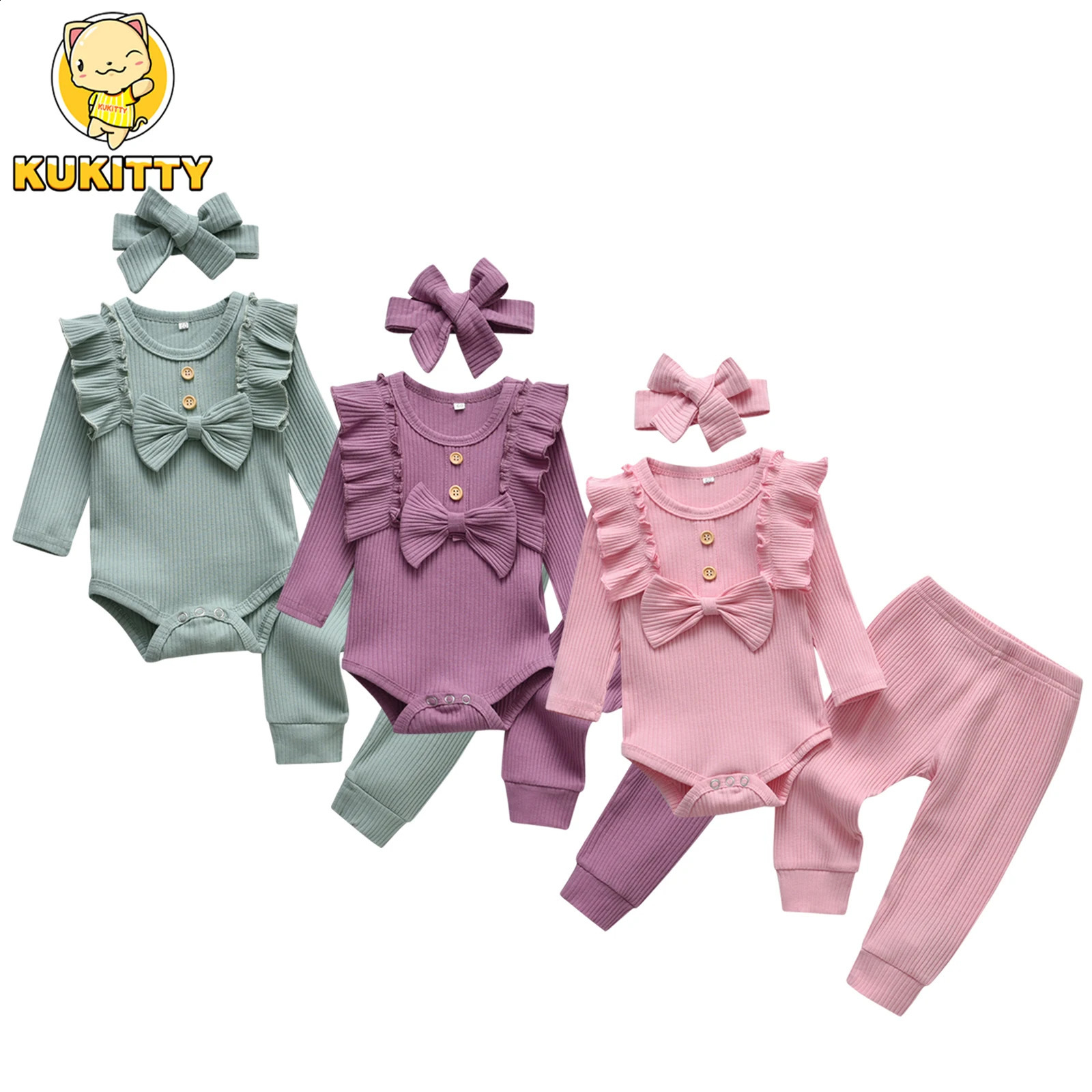 3pcs born Baby Girl Casual Clothes Set Ruffles Knitted Long Sleeve Bodysuit infant Pants Headband Solid Color Outfits250821