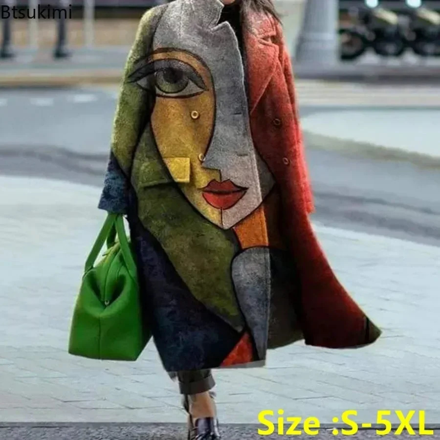 Womens Warm Coat Long Sleeved Lapel Jackets Elegant Temperament Winter Loose Printed Pockets Clothes 5XL 250822