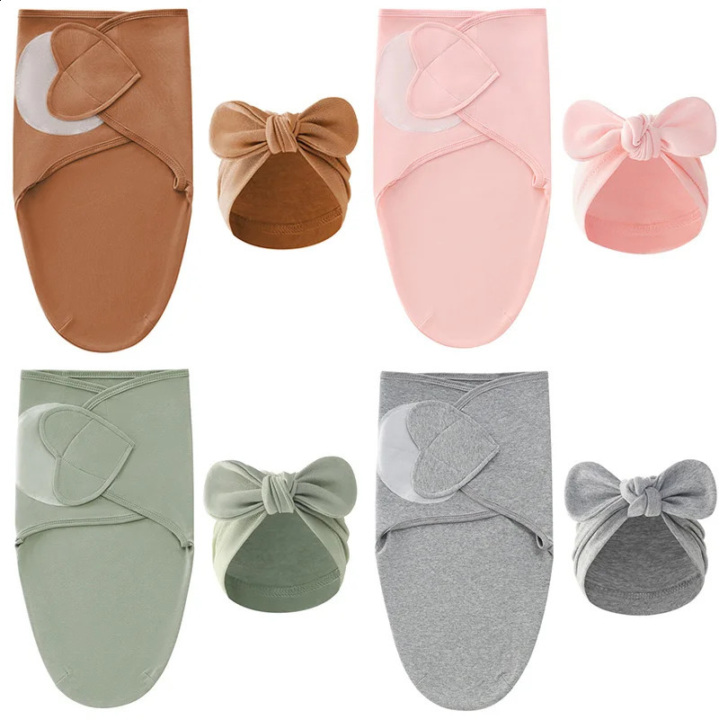 Love Heart Bows Hat Set Cotton born Swaddle Solid Color Infant Sleeping Swaddle Wraps for All Seasons 0-24M250821