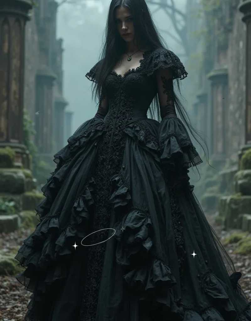 Gothic Black Prom Dress Ruffles Vintage Medieval Special occasion Gown Flare Sleeves Applique Floor Length Custom Made Color/Size
