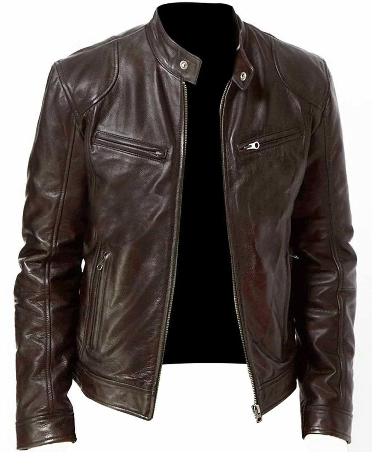 Hommes brun pu en cuir veste moto-cycle fausse cuir moto veste veste masculine collier de support chaud manteau boy de grande taille xxxl 4xl x25