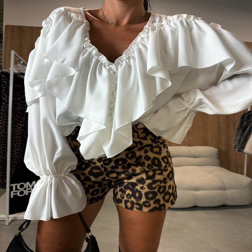 Elegant And Versatile Shirt Top Womens Autumn Sense V-neck Long Sleeved Solid Color Pleated Lantern Sleeve Ladies Blouse 250822