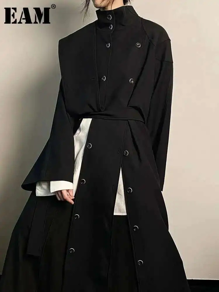 EAM Women Black Irregular Slit Big Size Trench Stand Collar Long Sleeve Windbreaker Fashion Spring Autumn 1DH0755 250822