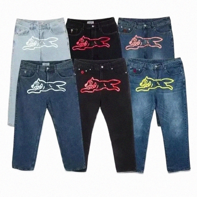 men's Jeans American Retro High Street Ins Flying Dog Loose Version Wide Leg Beautiful Trendy Washed Denim Trousers For Men 17Dp#