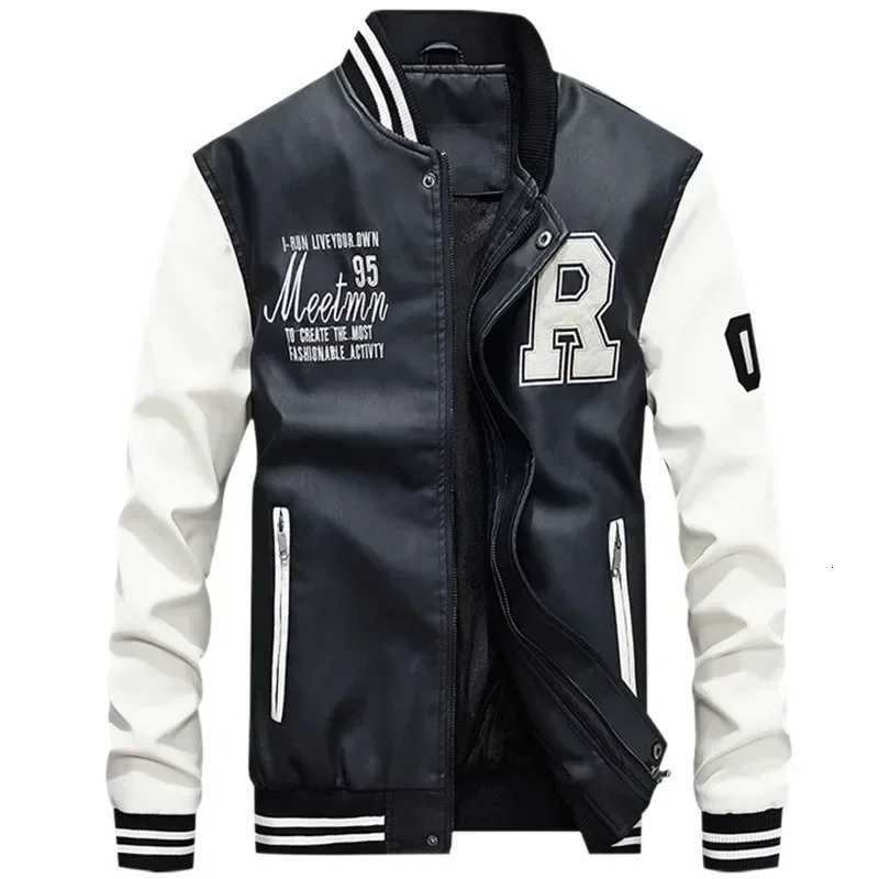 fausse en cuir manteau hommes de baseball uniforme stand collier blanc pu cuir veste en cuir pour hommes veste surdimensionnée décontractée écoli