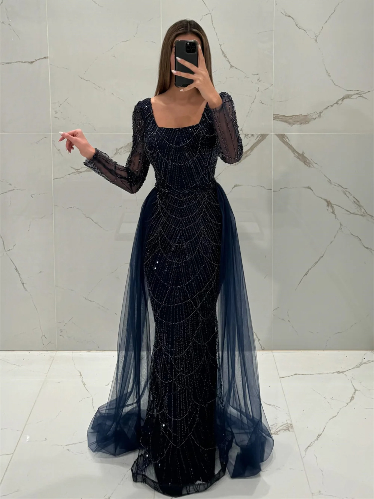 Square Collar Beaded Mermaid Prom Dresses Elegant Long Sleeve with Beading Floor-Length Evening Dress Custom Made Color/Size