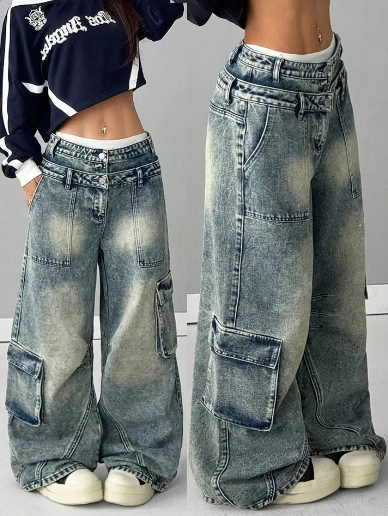Streetwear mode poche surdimensionnée lavage vieux jeans baggy femmes y2k punk hip hop joker hauteur taille large pantalon de jambe 250818