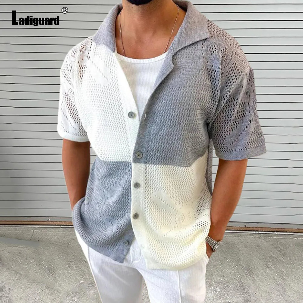 Ladiguard 2024 Knitting Sweater Men Short Sleeve Patchwork Top Shirt Mens Casual Thin Beach Cardigans Lepal Collar Knitwear 250813