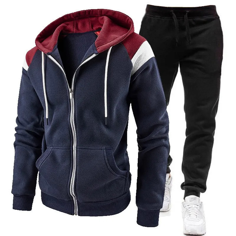 autumn and winter velvet mens color blocked zipper hooded sweatshirt sweatpants casual sports suit 250822
