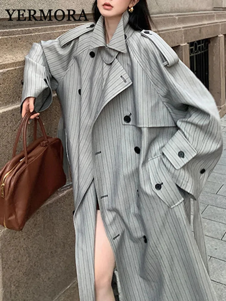 YERMORA Fashion ner Long Trench Coat Women Lapel Double Breasted Belt Gathered Waist Windbreaker Autumn Winter 250822