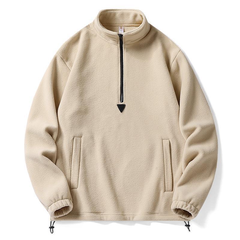 Autumn and Winter Men's Half Chain Lamb Fleece Casual Hoodie Fashionable, Simple, Warm, Solid Color, Trendy Men's Coat Interior