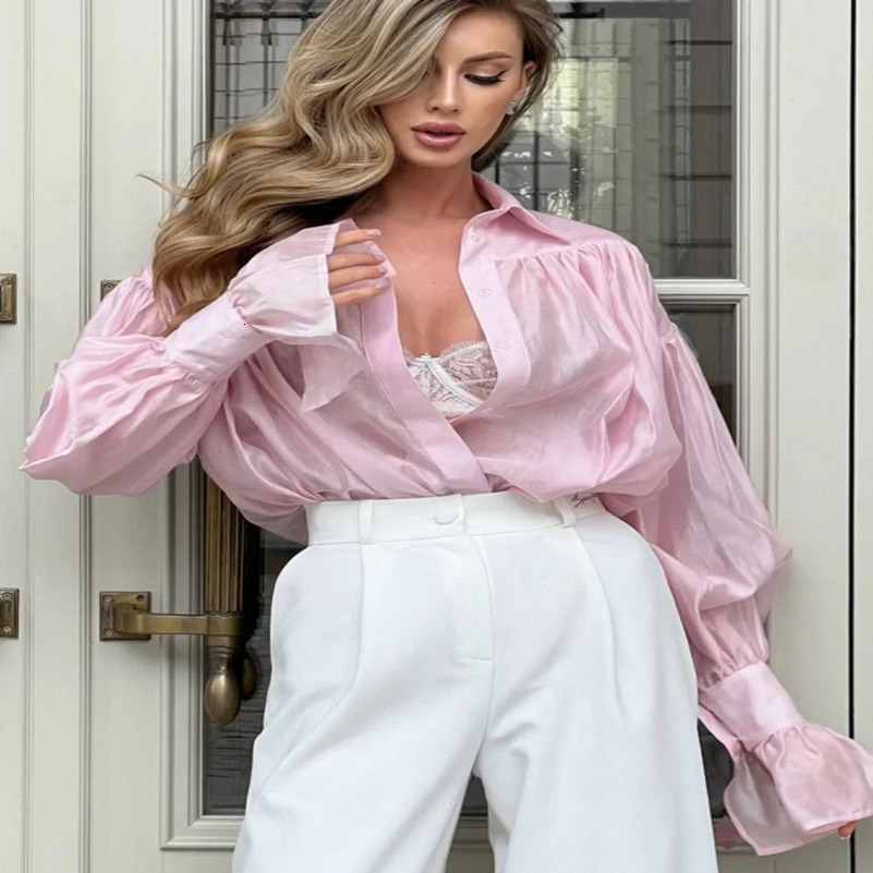 Bornladies Autumn Womens Fashionable Loose Collared Shirt Office Lady Solid Color Versatile Flare sleeve Top Long Sleeved Shirt 250822