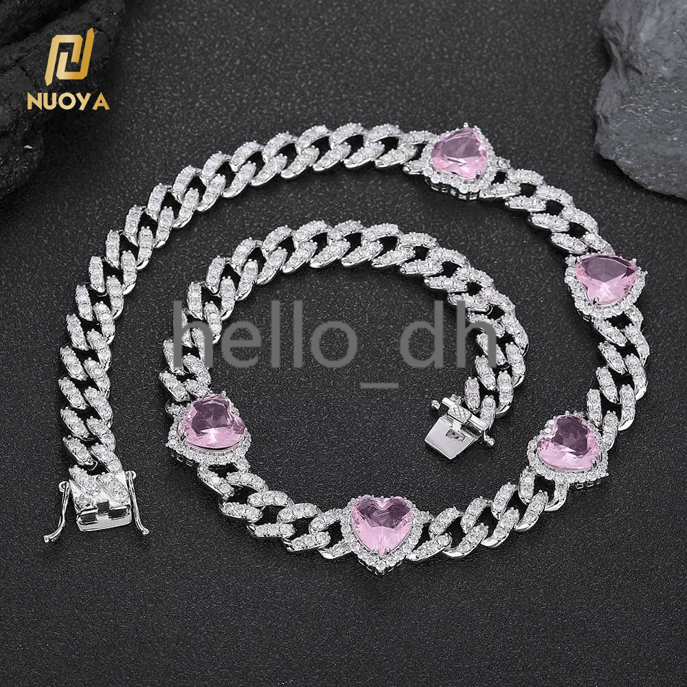 Iced Out 10mm Pink Heart moissanite Silver Cuban Chain Necklace Hip Hop Prong Link Chain Choker Necklace Women