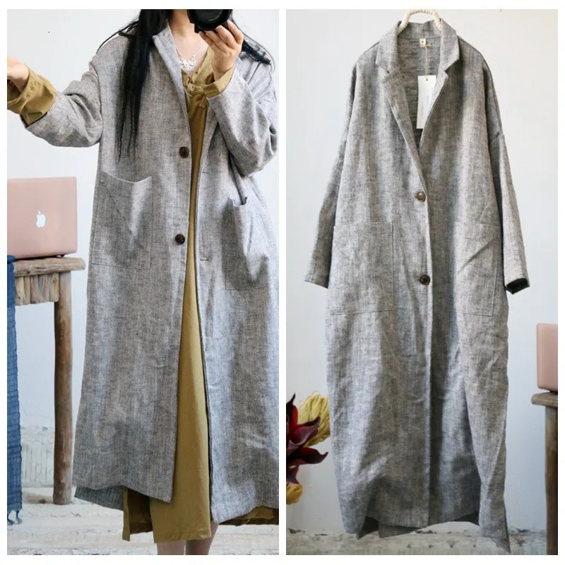 Johnature Women Vintage Linen Trench Solid Color Trundown Collar Long Sleeve Coats Autumn Button Pockets 250822