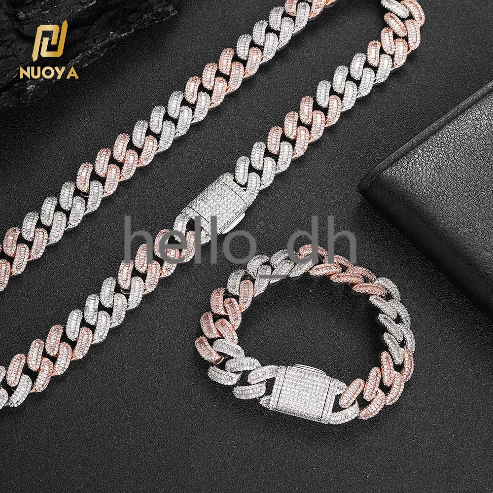 High Quality Ice Cuban Chain Lab Diamond Two Tone Pink Silver Plated Hip Hop Jewelry Cuban Link Necklace