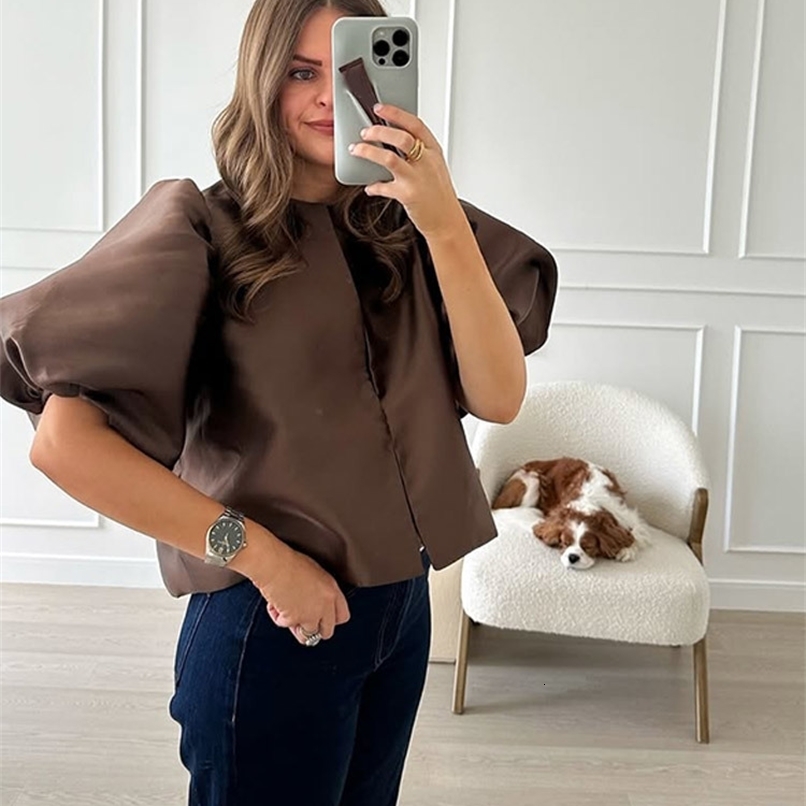 Solid Satin Womens Blouse Top With Pouf Balloon Sleeve Spring Summer Female Sleeves O Neck Loose Short Shirt Female Blouses250821