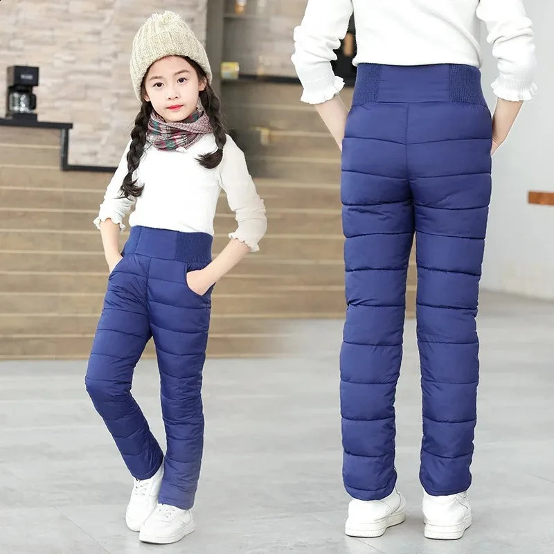 2-12Y Casual Kids Boys Girls Winter Pants Solid Children High Waist Cotton-Padded Warm Trousers Teens Waterproof Ski Thick Pants250821
