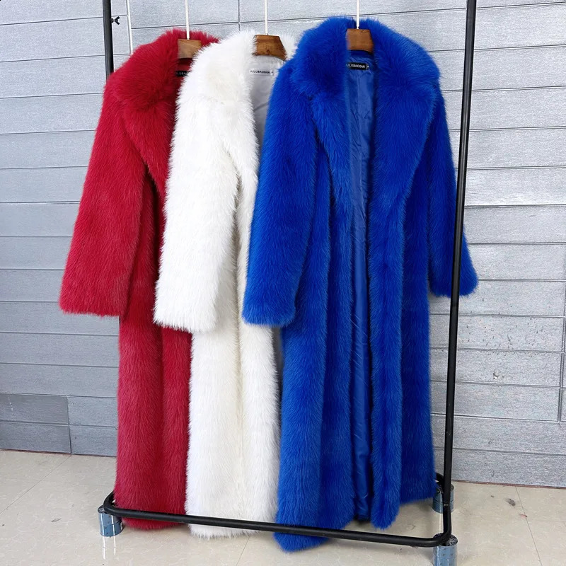 Long Faux Fur Coat Women Autumn Winter Large Jacket Overcoat White Turn Down Collar Pockets Thick Coat Warm Jackets Maxi Coats250821ww
