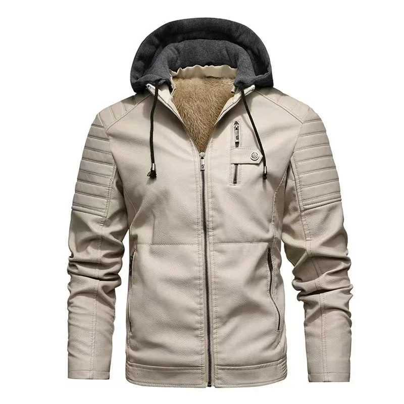 faux leather jacket men fashion mens hooded jackets autumn winter military style outerwear with zipper pockets coat detachable hood X250822