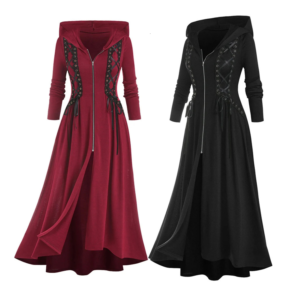 ROSEGAL Plus Size Hooded Lace Up Zipper Trench Coat Women Autumn Winter High Low Maxi Outwears Black Red Longline Hoodies Tops 250822