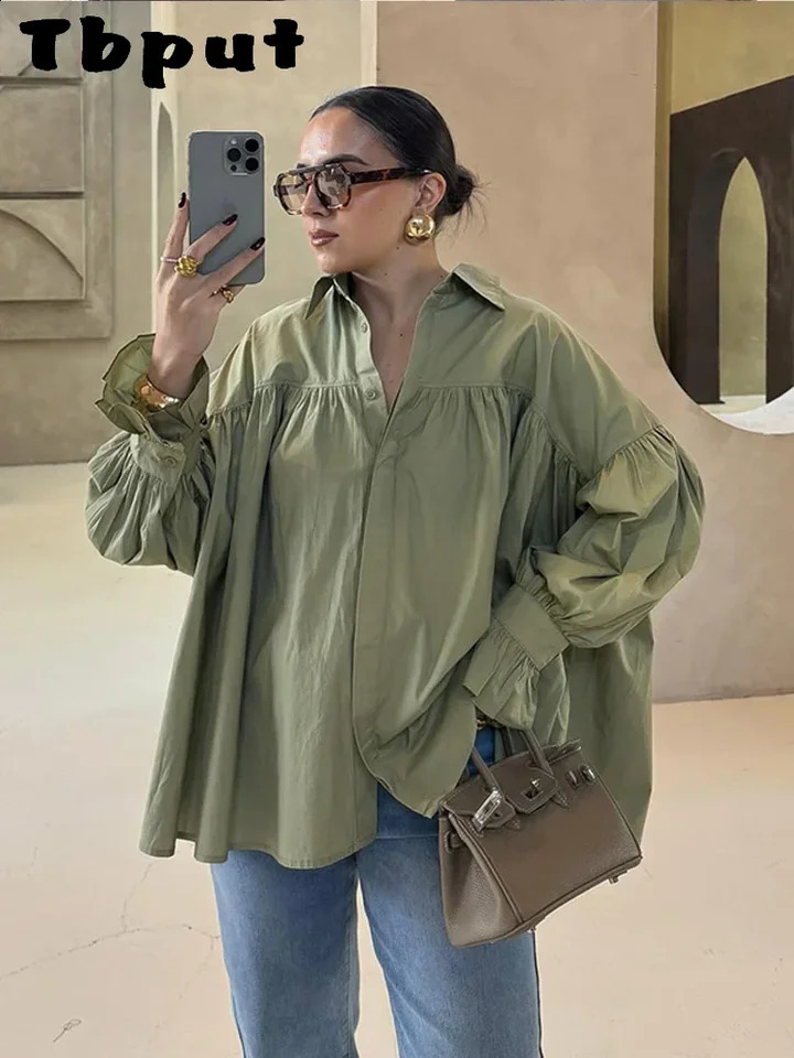 Fashion Womens Loose Shirts Long Bell-Bottomed Sleeve Pleated Button Turn-Down Collar Lady Blouse Spring Summer Female Top 250822