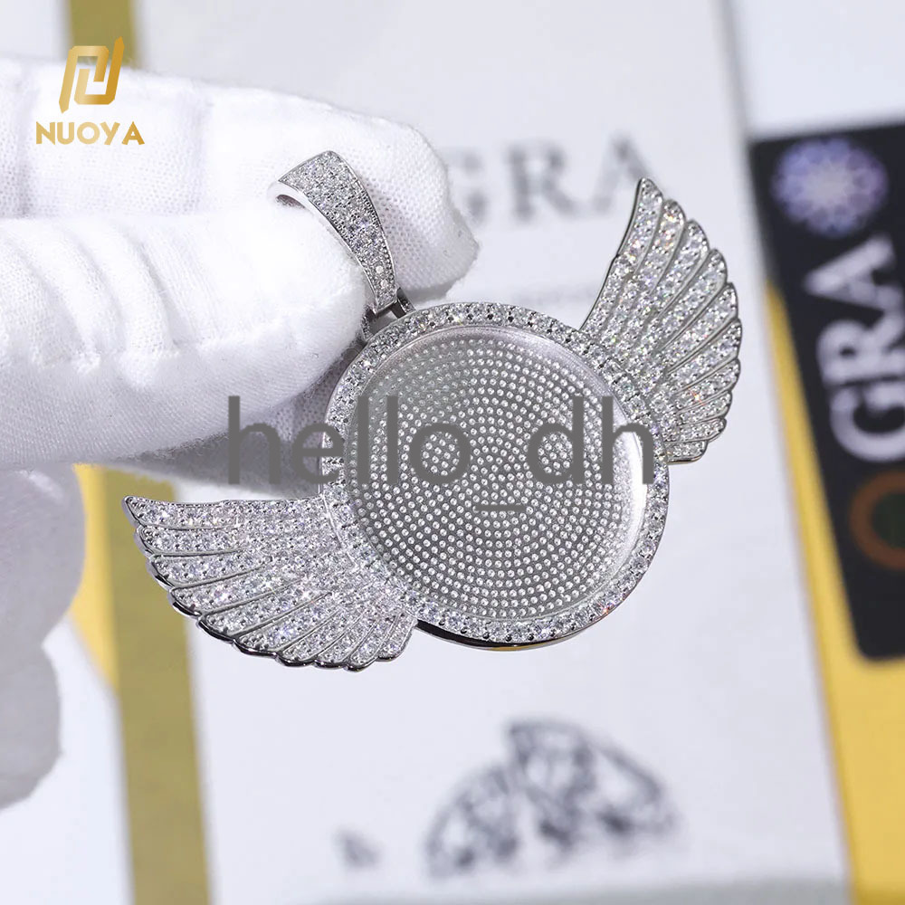 Iced Out Angel Wings Memory Locket Pendant 925 Silver Moissanite Custom Photo Charm Pendant Trendy Jewelry for Women