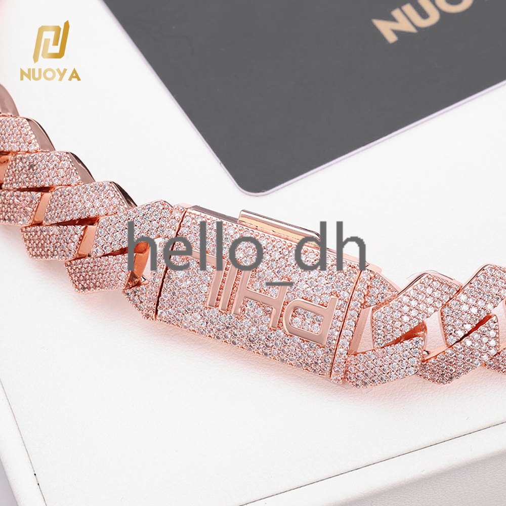 15mm 4 Rows Diamond Prong Cuban Link Chain Women Hip Hop Jewelry Rose Gold Plated Iced Out moissanite Stone Miami Cuban Necklace
