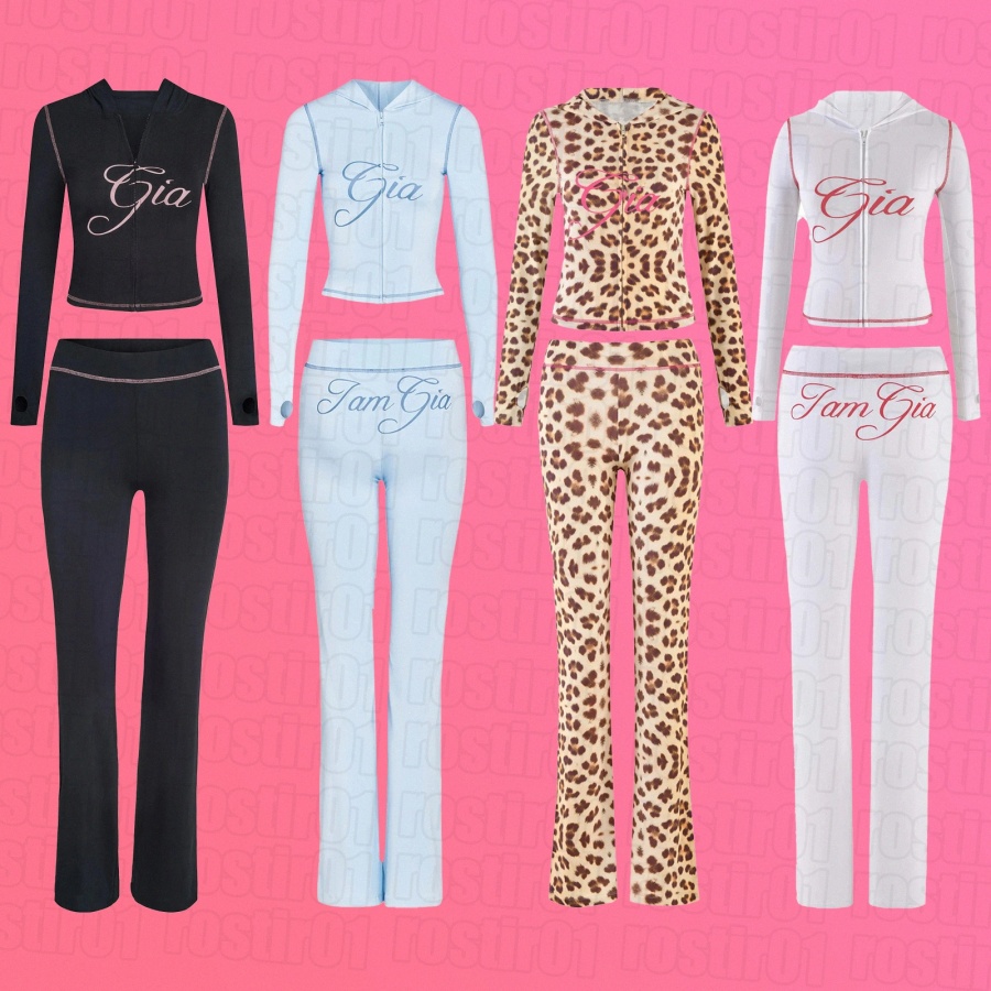 i am gia Womens Tracksuit Piece Set Designer Sports Suit For Women Flared Pants Zip-up Cap Long Sleeve High Quality Spring Top & Low Waist Micro Soc