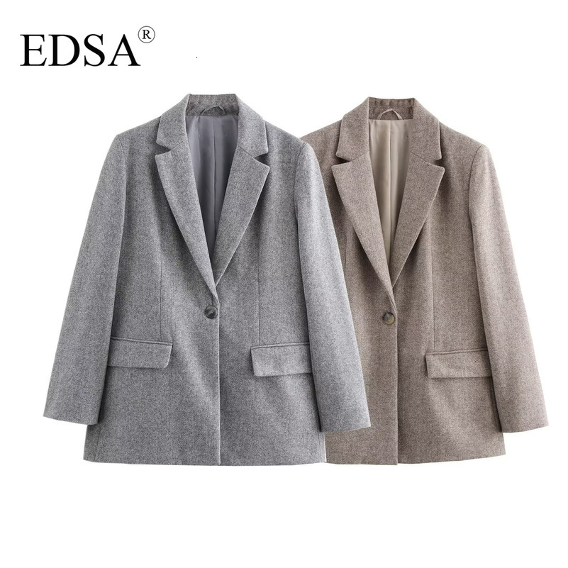 EDSA Women Herringbone Wool Blend Blazer with Flap Pockets for Office Lady Single Button Long Sleeves Jacket Outerwear 250821