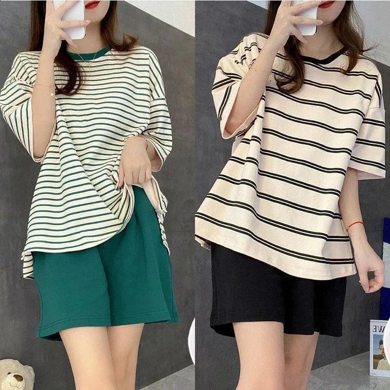 Large Size with Cushion Pajamas Women Summer Loose Striped School Leisure Homewear Two-Piece Set Green Korean Fashion Sleepwear250821