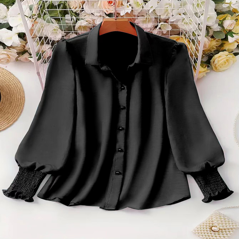 Plus Size Spring and Summer Womens Casual Puff Sleeve Blouse Solid Color Suitable for Office Outdoor Single Breasted 250822