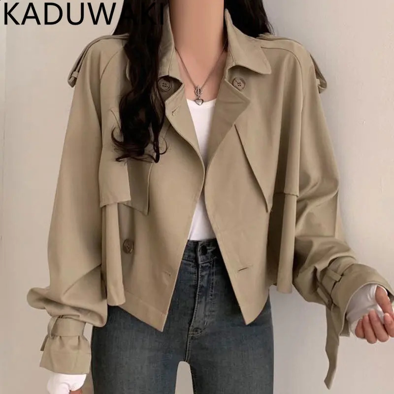 Simple Double Breasted Loose Casual Trench Coat Women Korean Chic Short Windbreaker Jackets Women Streetwear Vintage Tops 250819