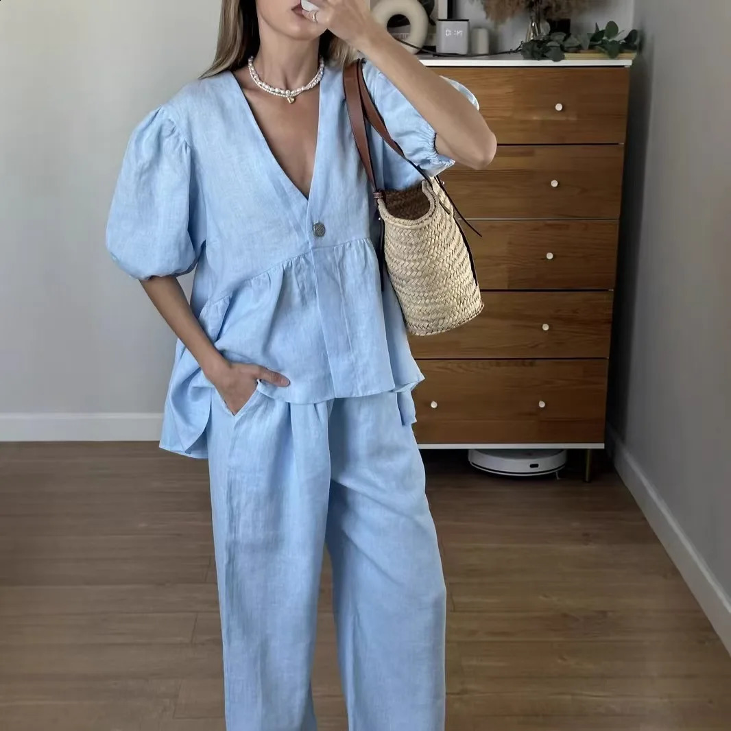 2025 Women Solid Color V-Neck Bubble Short-Sleeved Trousers Suit Summer Women Short T-Shirt Top Long Pants Two Peice Sets250821