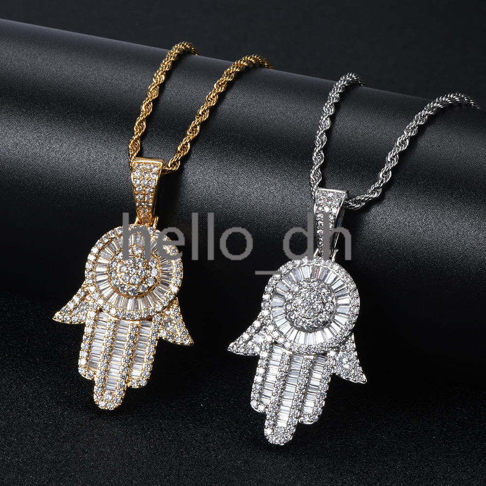 Personality Hip Hop Fatima Hand Pendant Jewelry Women Iced Out Full Paved Charm Hamsa Necklace