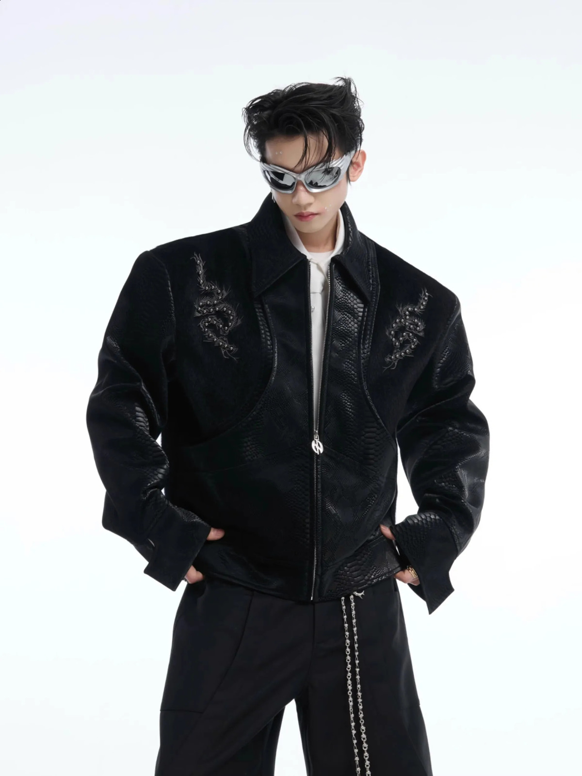 Mauroicardi Autumn Cool Short Black Snakeskin Print Pu Leather Jacket Men Zipper Rivet Embroidery er Clothes 250818
