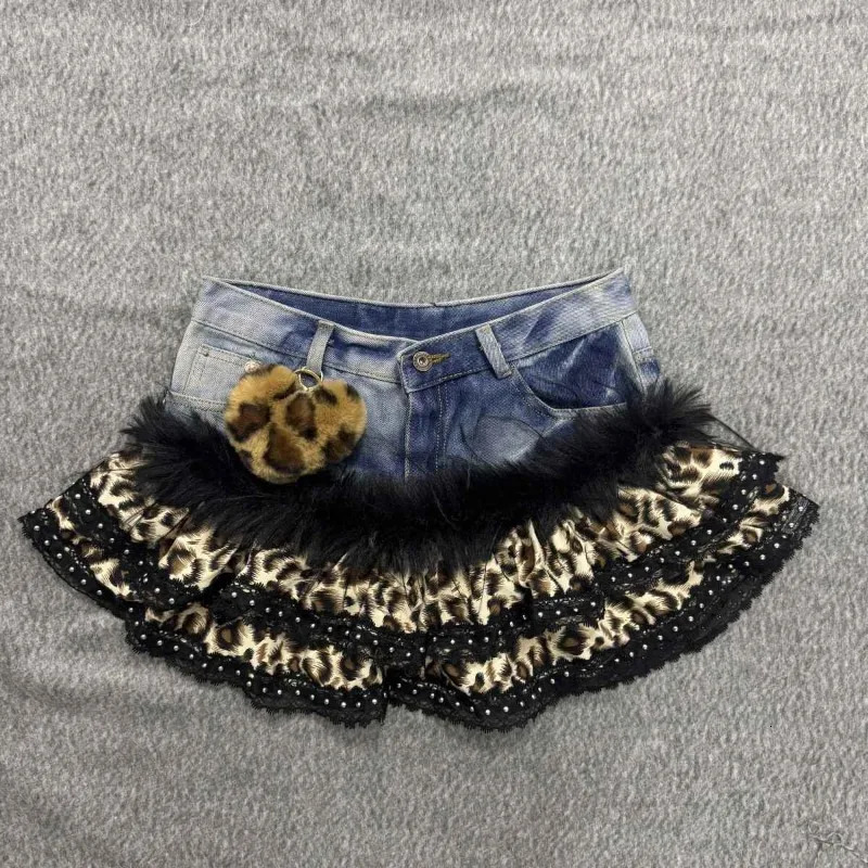 Y2K Brown Leopard Fashion Print Ancient Cowboy Stitching Short Skirt Women Harajuku Millennium Punk Yabi Spice Girl 250822