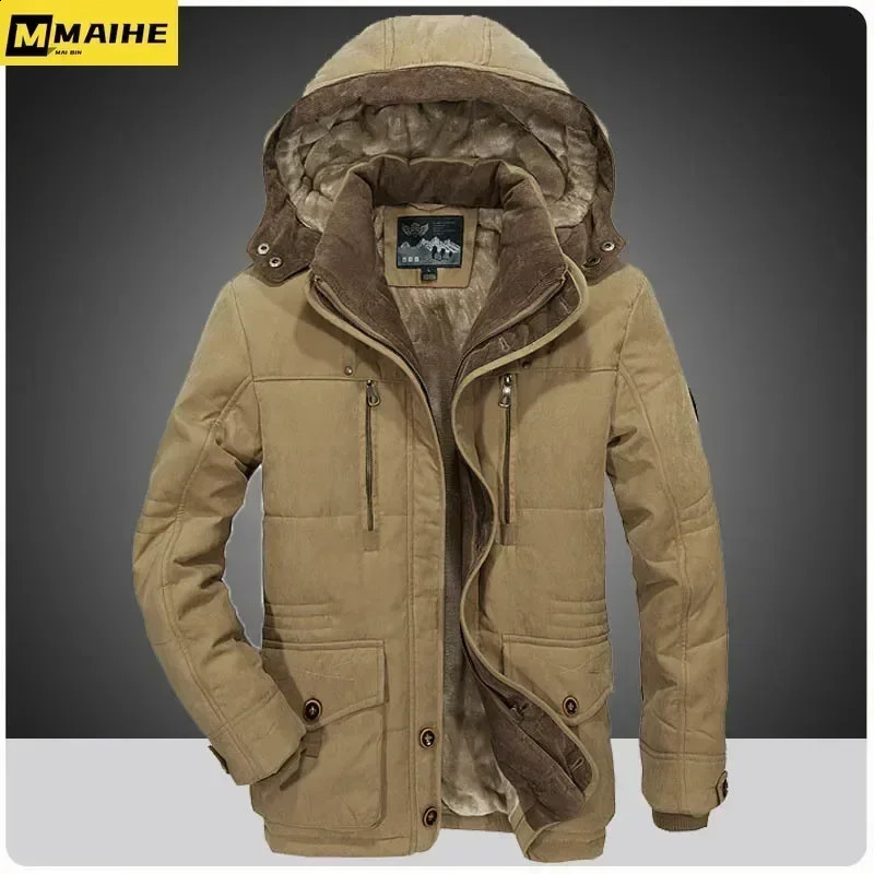 Mens Winter Thicken Cotton Snow Ski Hiking Jacket Warm Middle Aged Army Green Work Coat With Removable Hood Parkas Men Clothing 250822