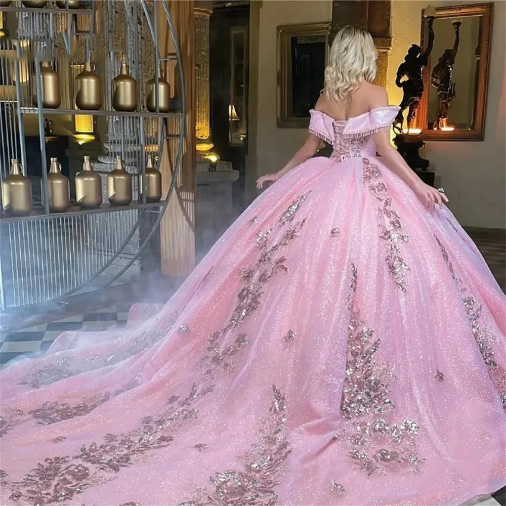Robe de bal robes quinceanera élégant rose hors de l'épaule des applications perles à lacets plus taille 15 16 robes de fête d'anniversaire princ
