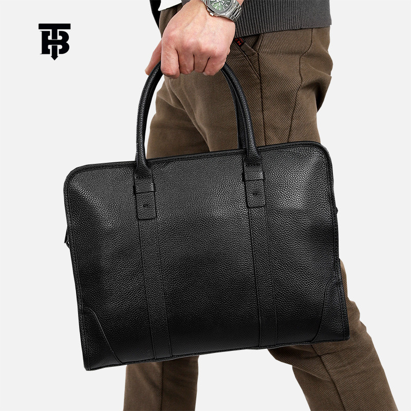 TB BHULAMTE Men's Genuine Leather Briefcase Laptop Bag, Mini Crossbody Computer Bag - Black Japanese-Korean Style Business Satchel with Soft Structu